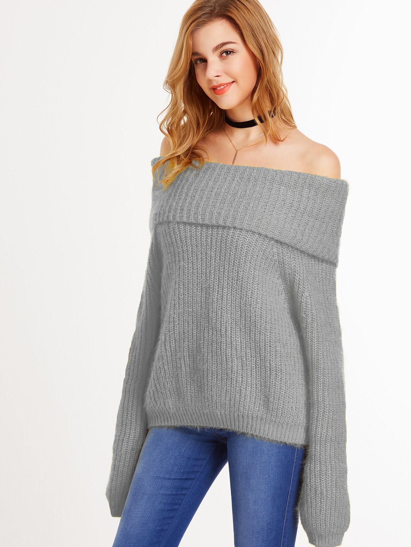 Grey Off The Shoulder Fold Over Loose SweaterFor Womenromwe