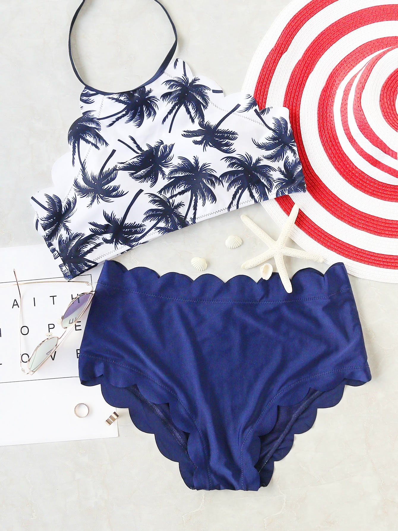 Blue Coconut Tree Print Scalloped Trim Bikini Set