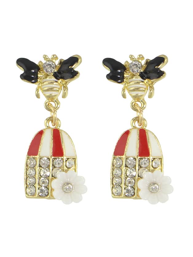 Red Color Enamel Rhinestone Bee Shape Statement Earring