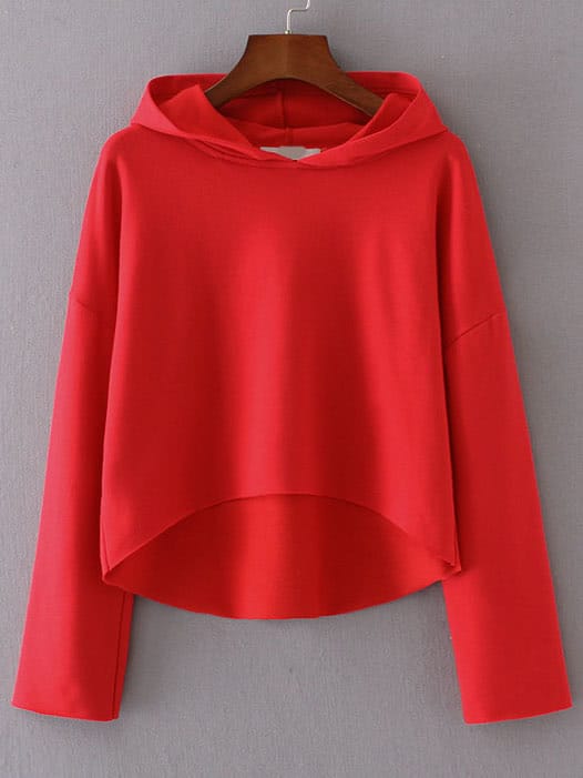 Red Drop Shoulder Seam High Low Hooded Sweatshirt