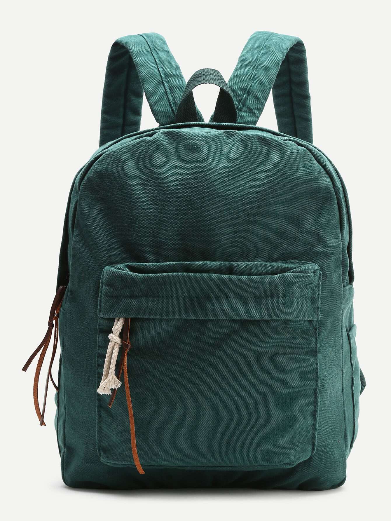 Dark Green Zipper Front Canvas BackpackFor Womenromwe