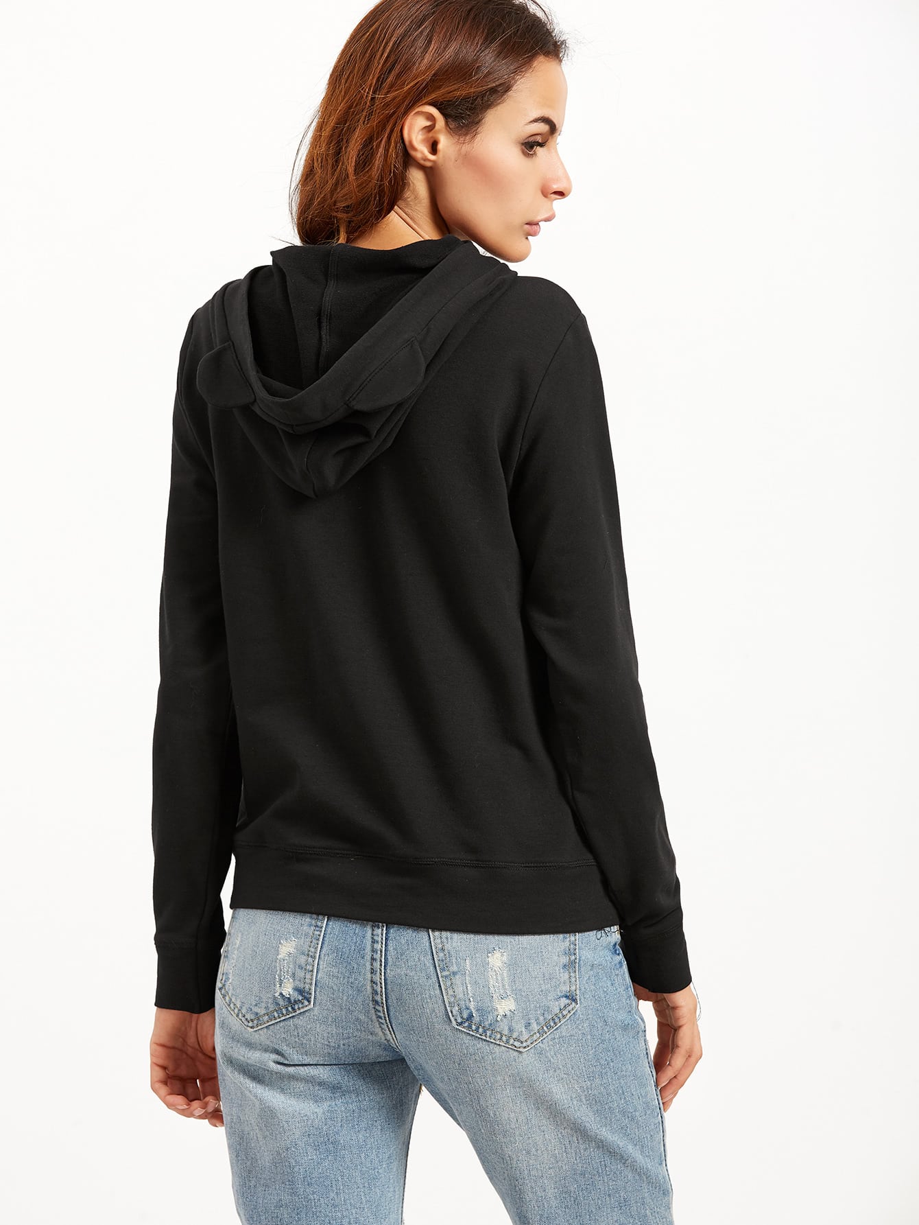 Black Printed Cat Ear Hoodie With PocketFor Womenromwe
