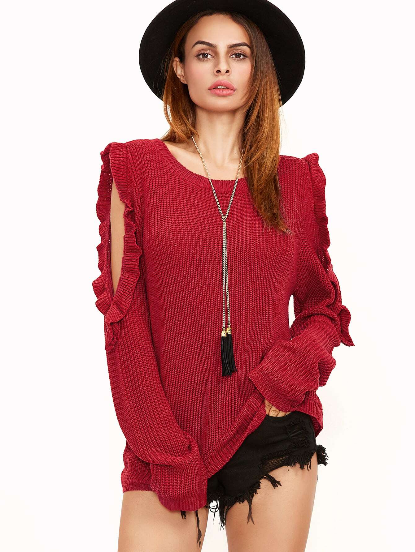 Red Ruffle Trim Open Shoulder Sweater