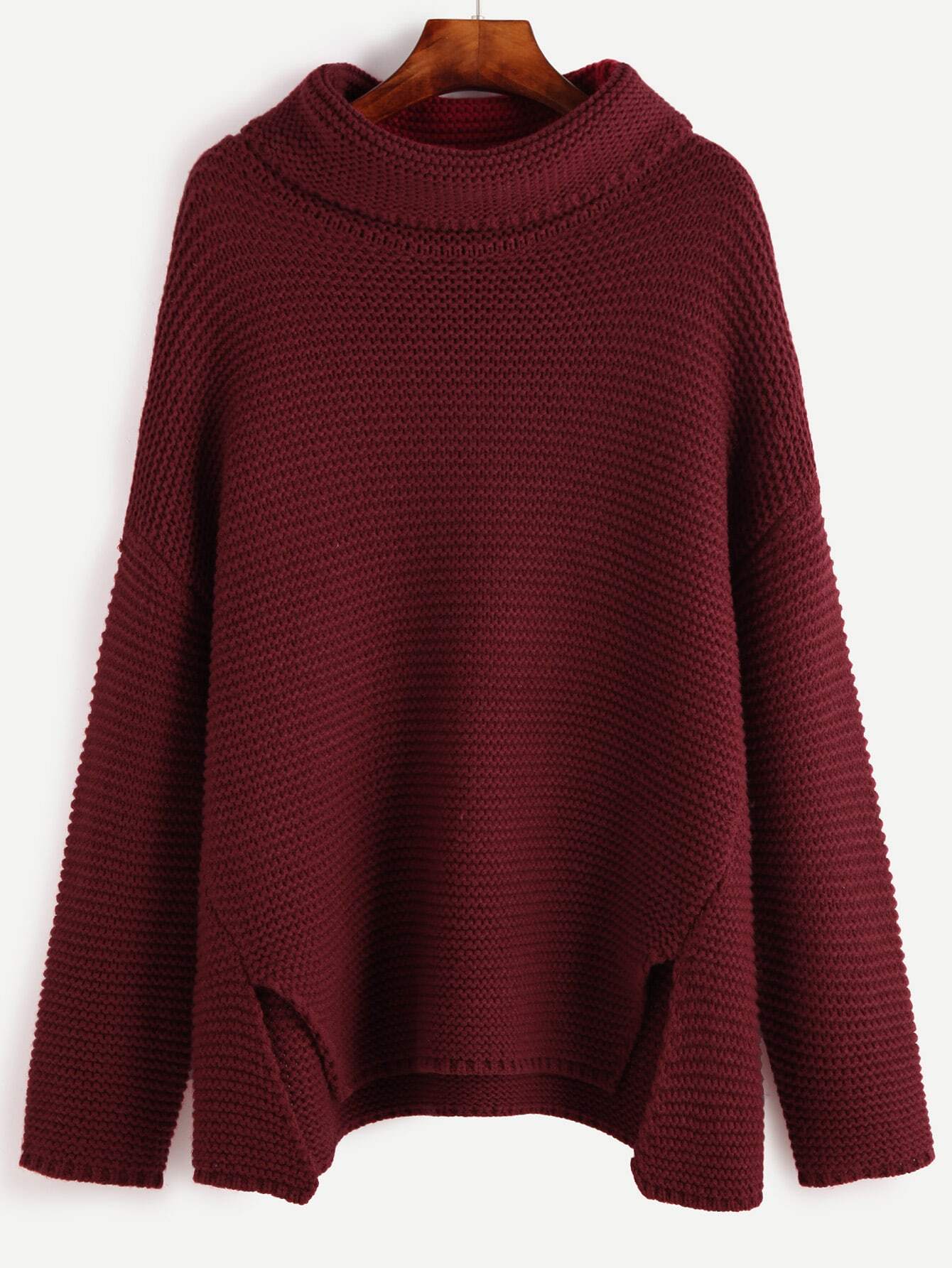 Red Turtleneck Drop Shoulder Slit Front Sweater