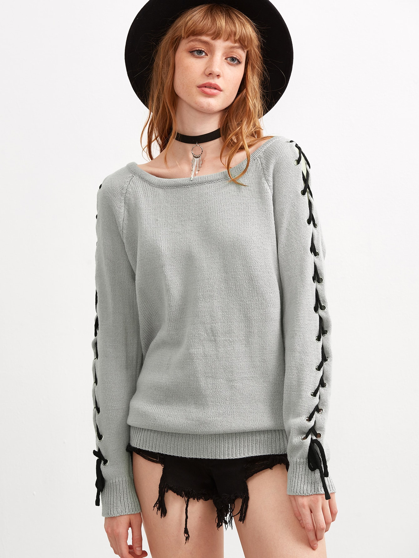 Grey Lace Up Raglan Sleeve Sweater