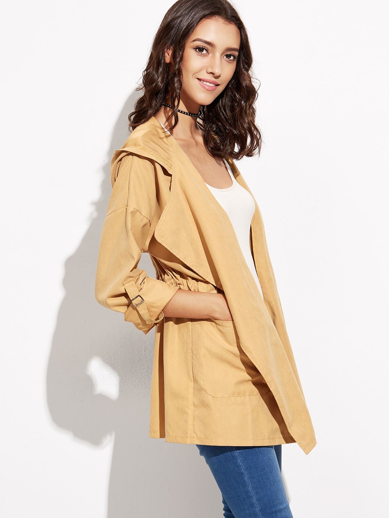 Mustard Yellow Drawstring Pockets Hooded Coat