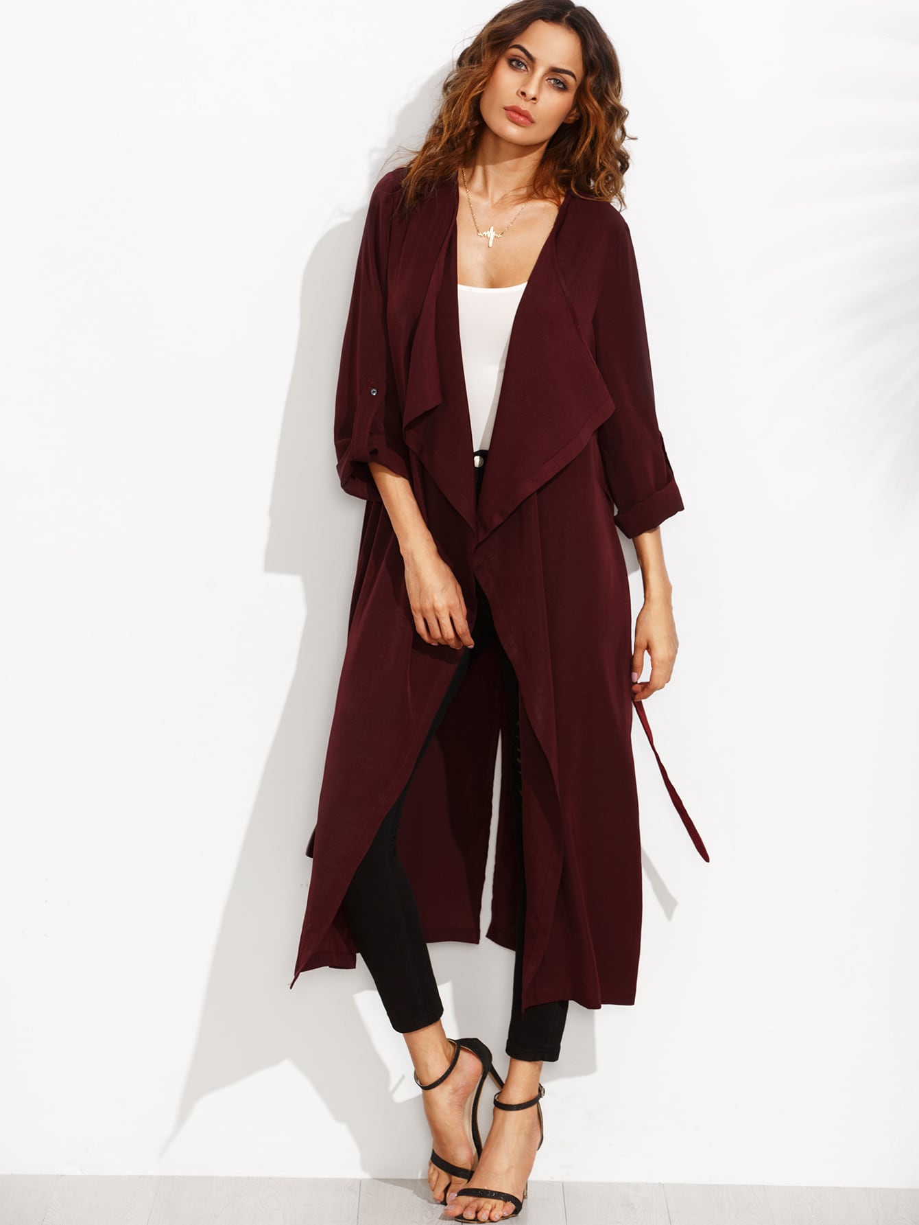 Burgundy Lapel Rolled Up Sleeve Split Long Outerwear