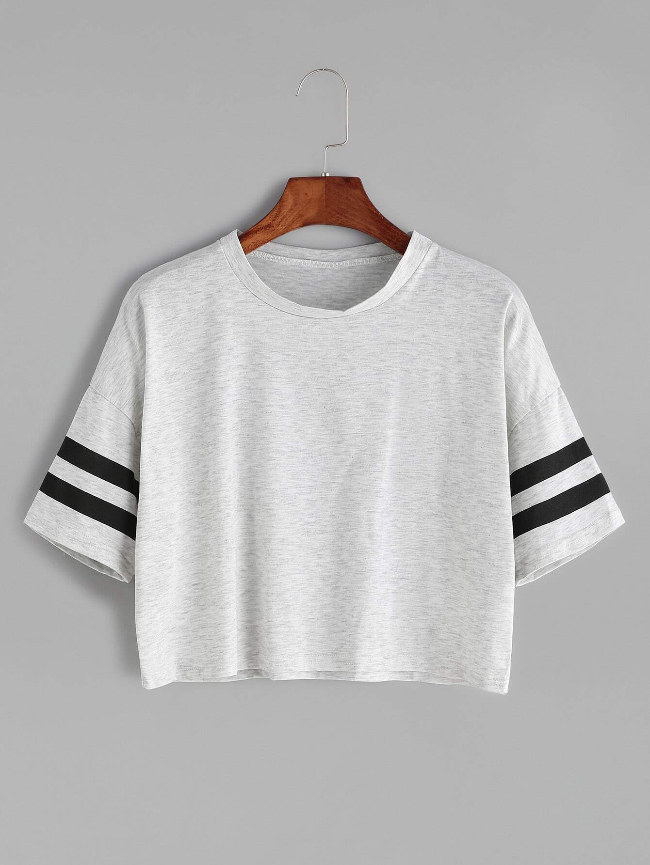 Grey Dropped Shoulder Seam Varsity Striped Crop T-shirt