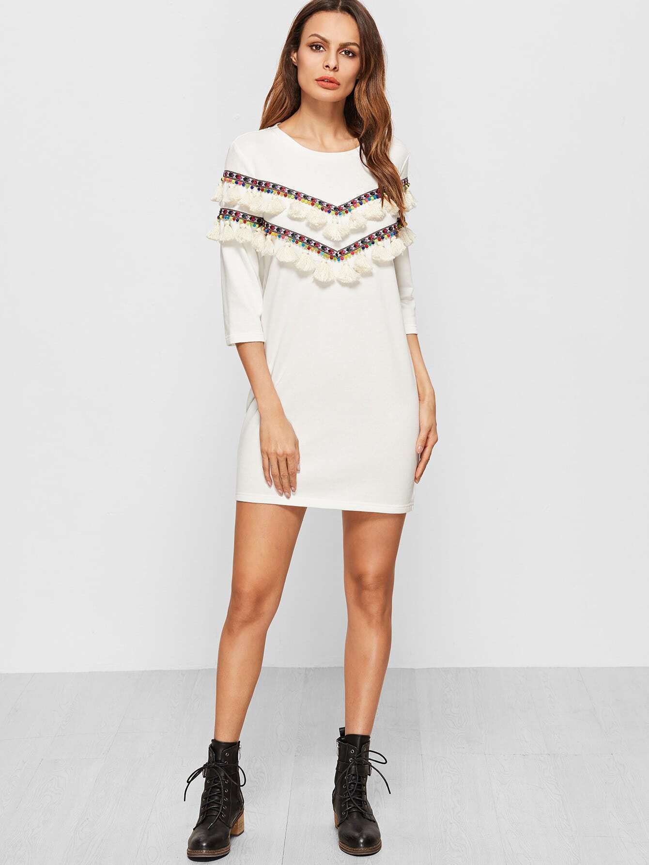 Robe manche 3/4 avec ruban brodé et gland détail blancFrench Romwe