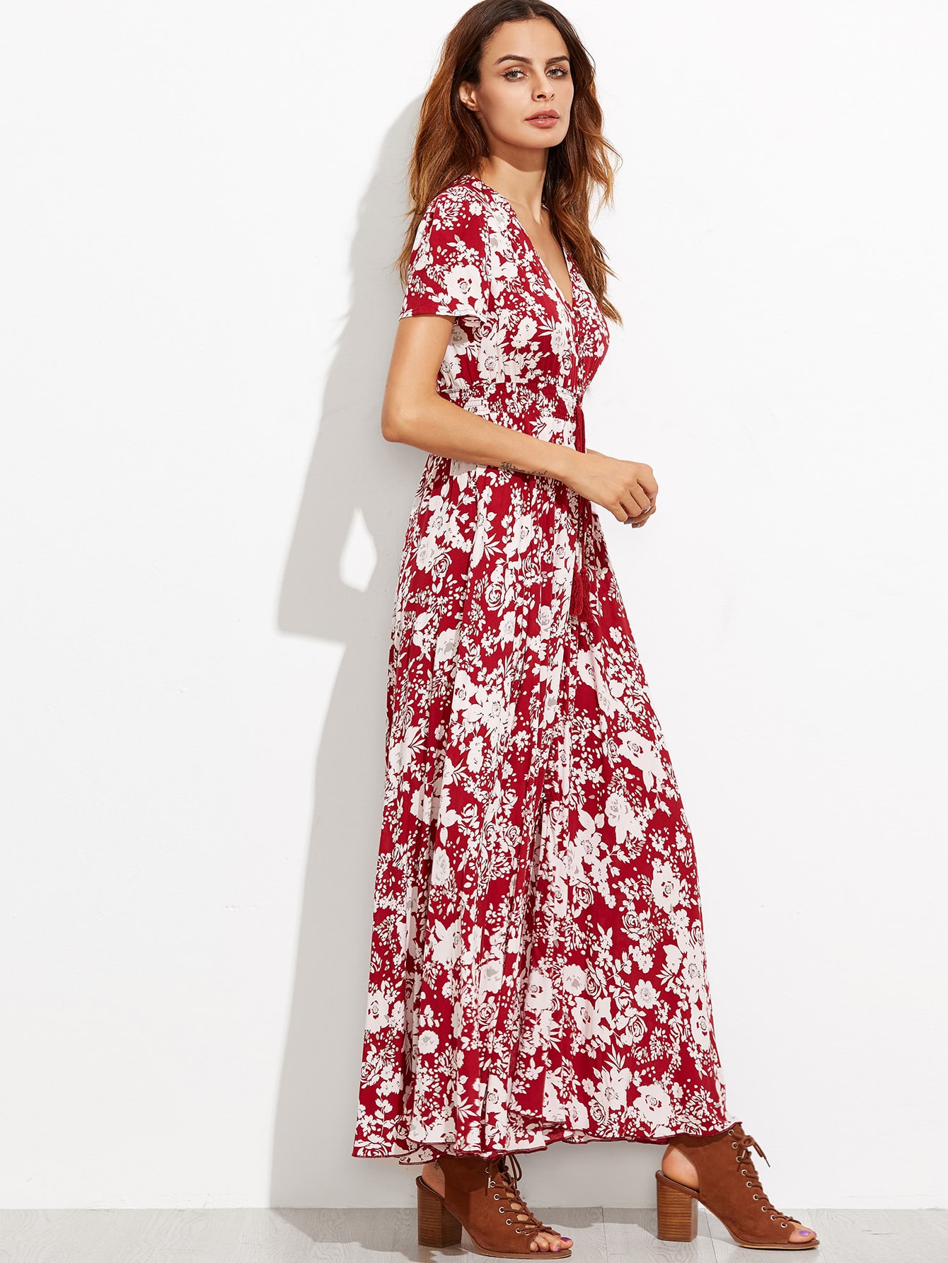 Burgundy Floral Self Tie Fringe Split DressFor Womenromwe