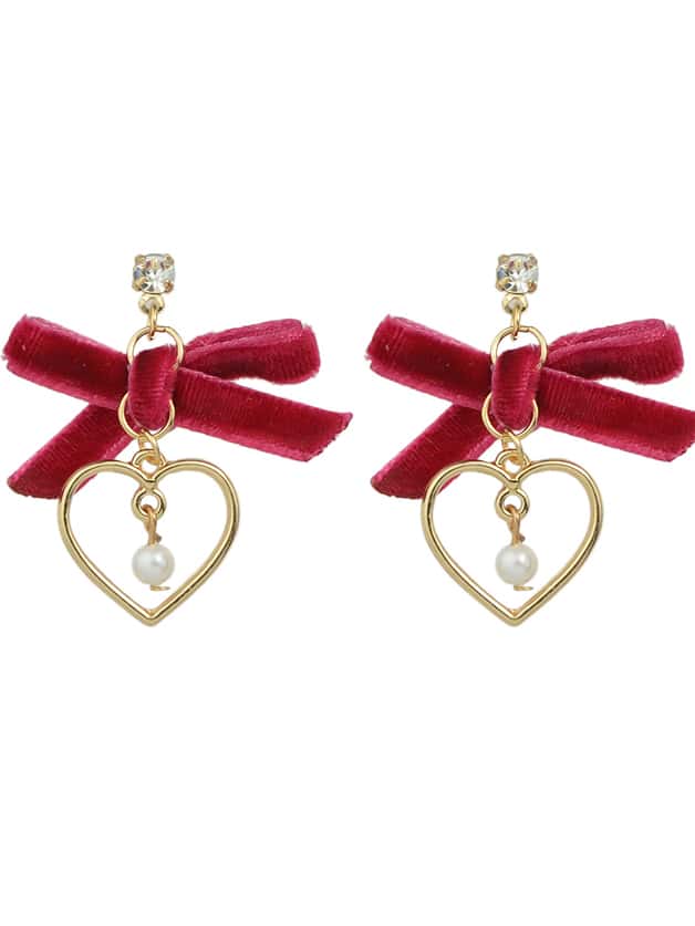 Red Color Velvet Bowtie Pearl Heart Shape Drop Earrings