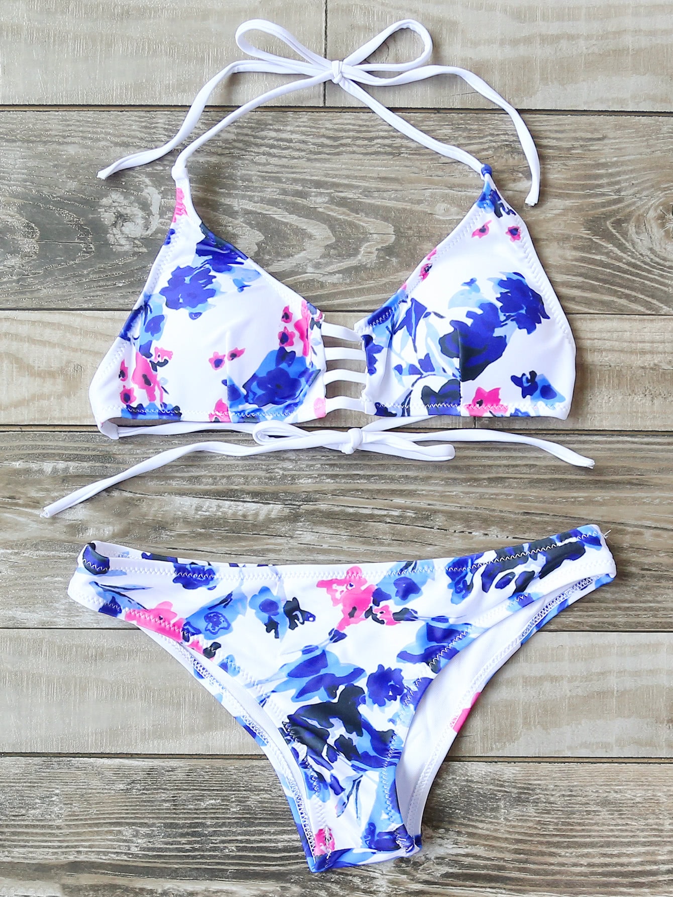 White Printed Ladder Cutout Halter Bikini Set