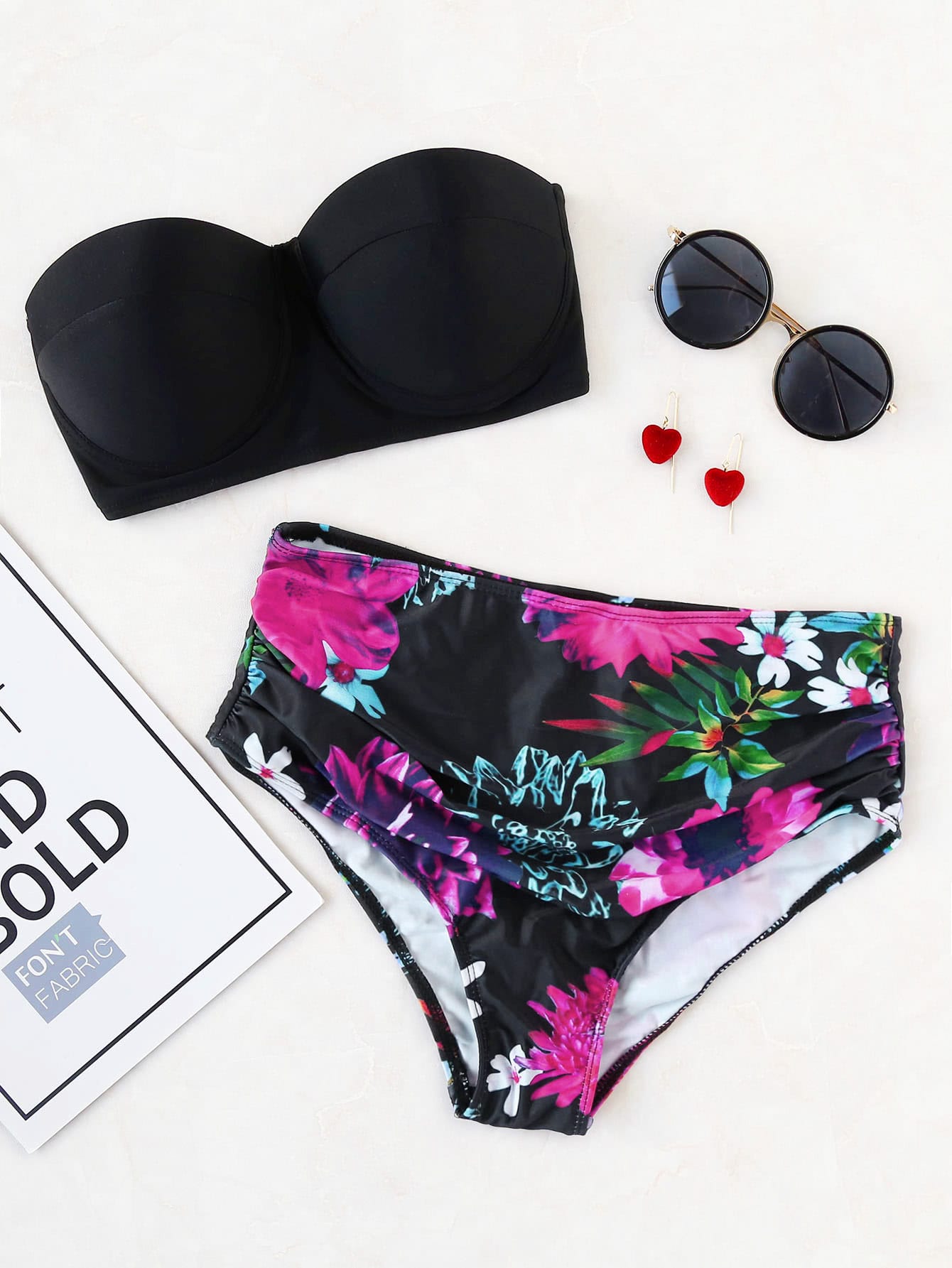Black Floral Print High Waist Bustier Bikini Set