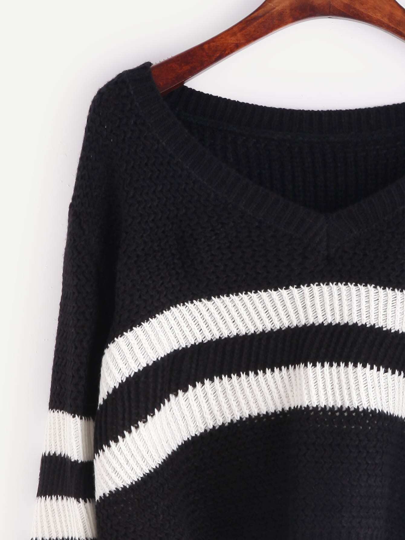 Black Striped Chevron Knit Crop SweaterFor Women-romwe