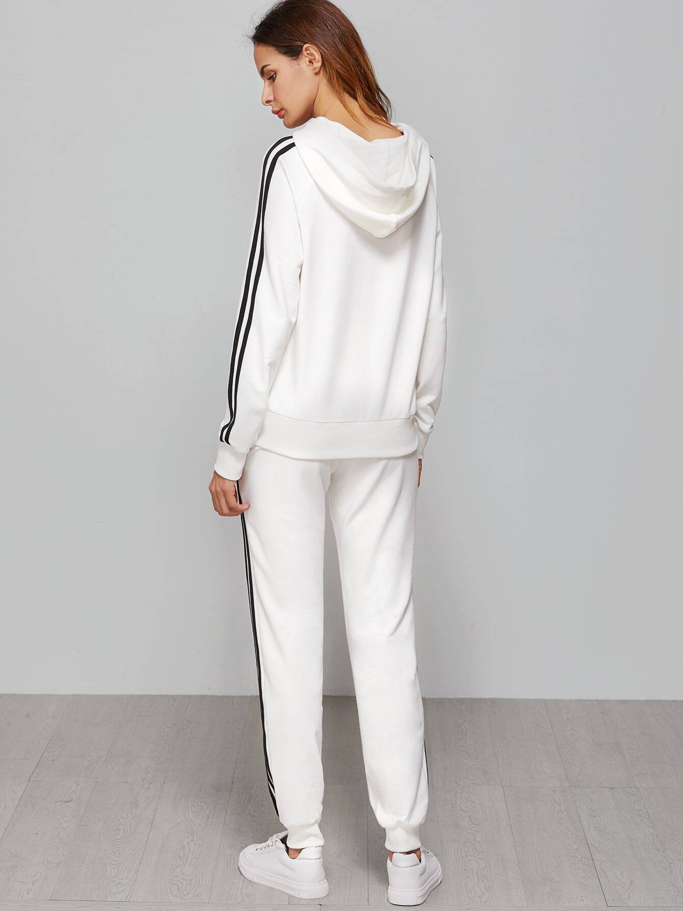 White Striped Sideseam Hooded Sweat SuitFor Womenromwe