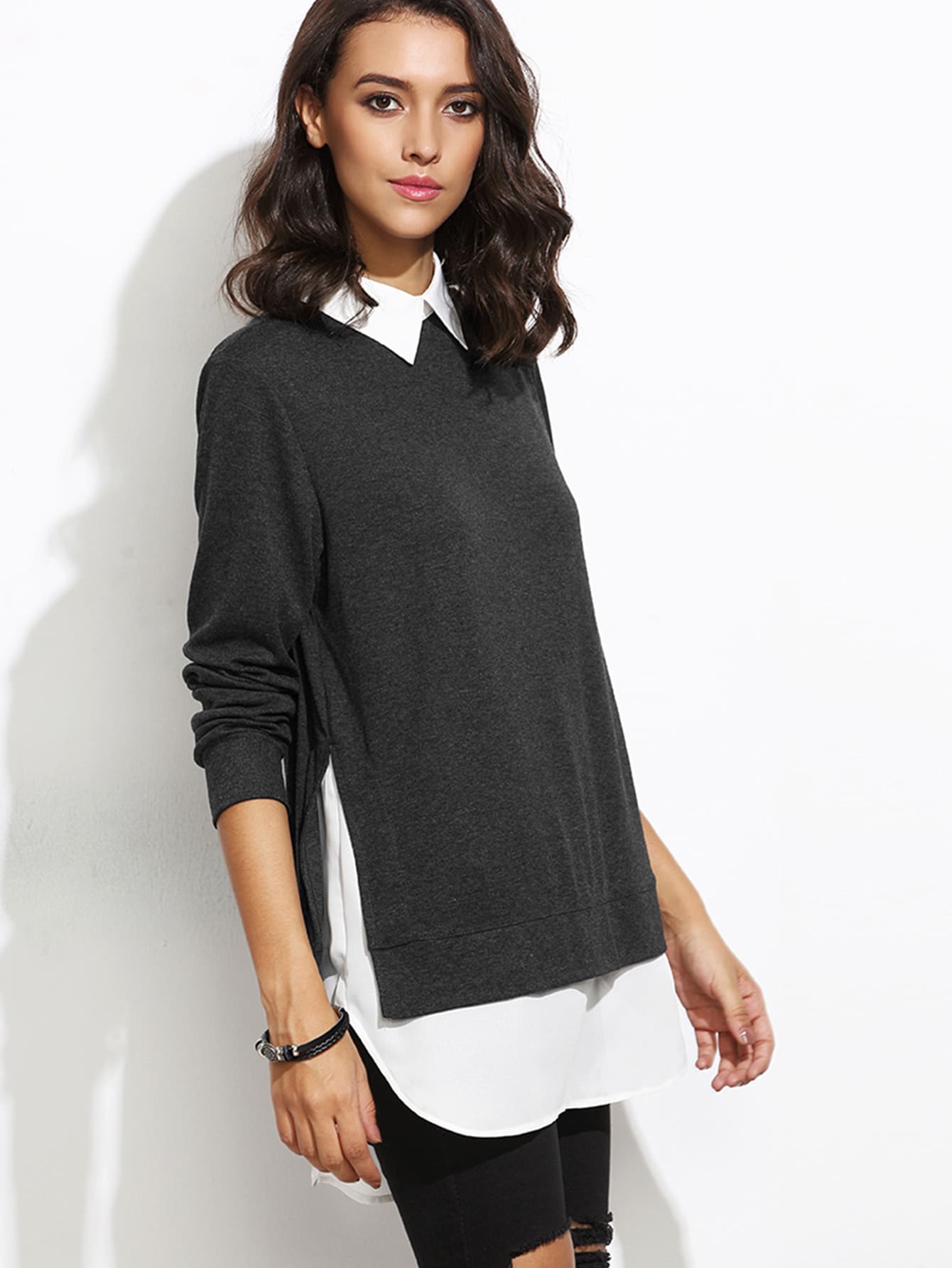 Black Contrast Collar Curved Hem 2 In 1 Sweatshirt