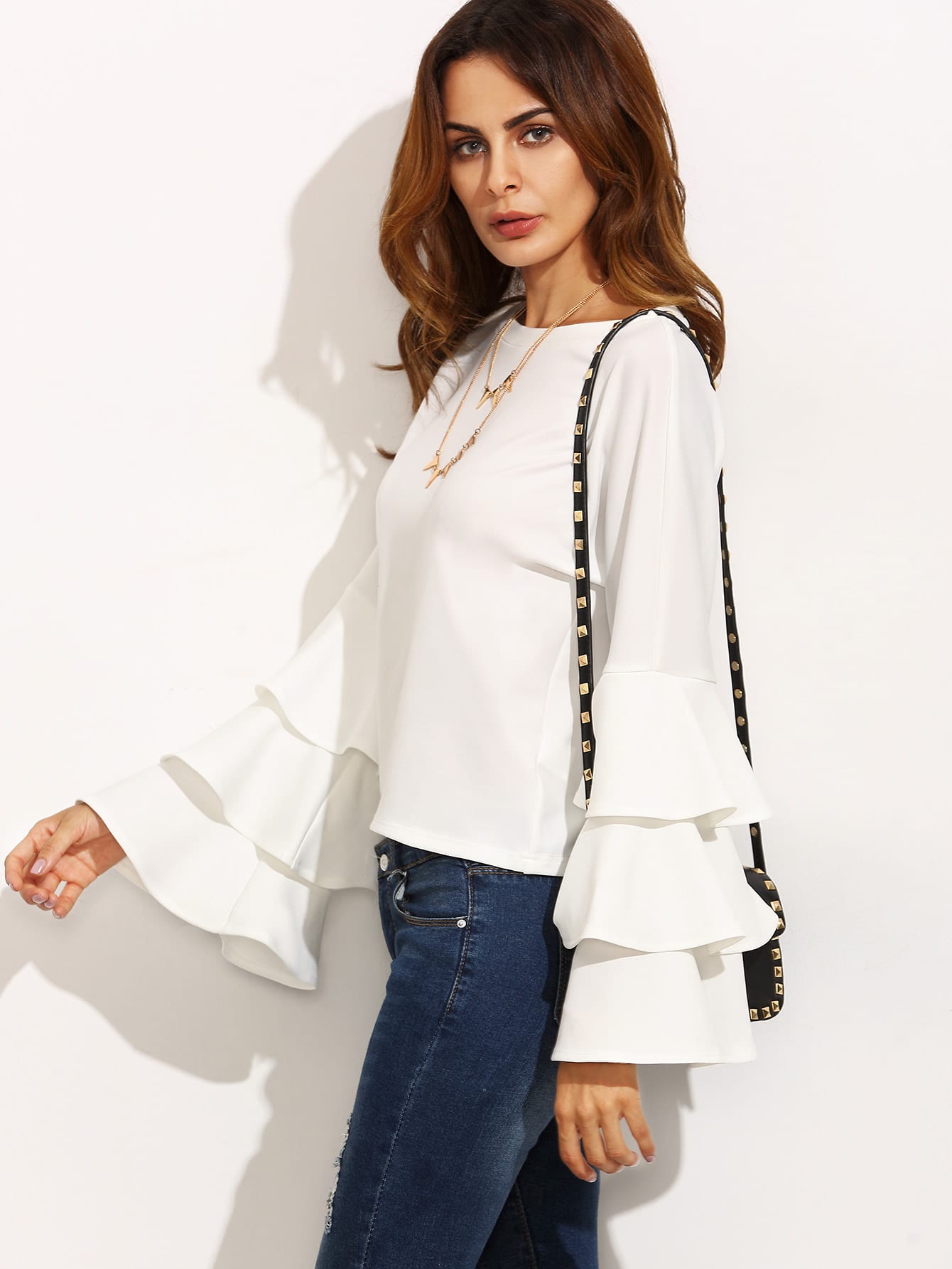 White Round Neck Ruffle Long Sleeve BlouseFor Womenromwe