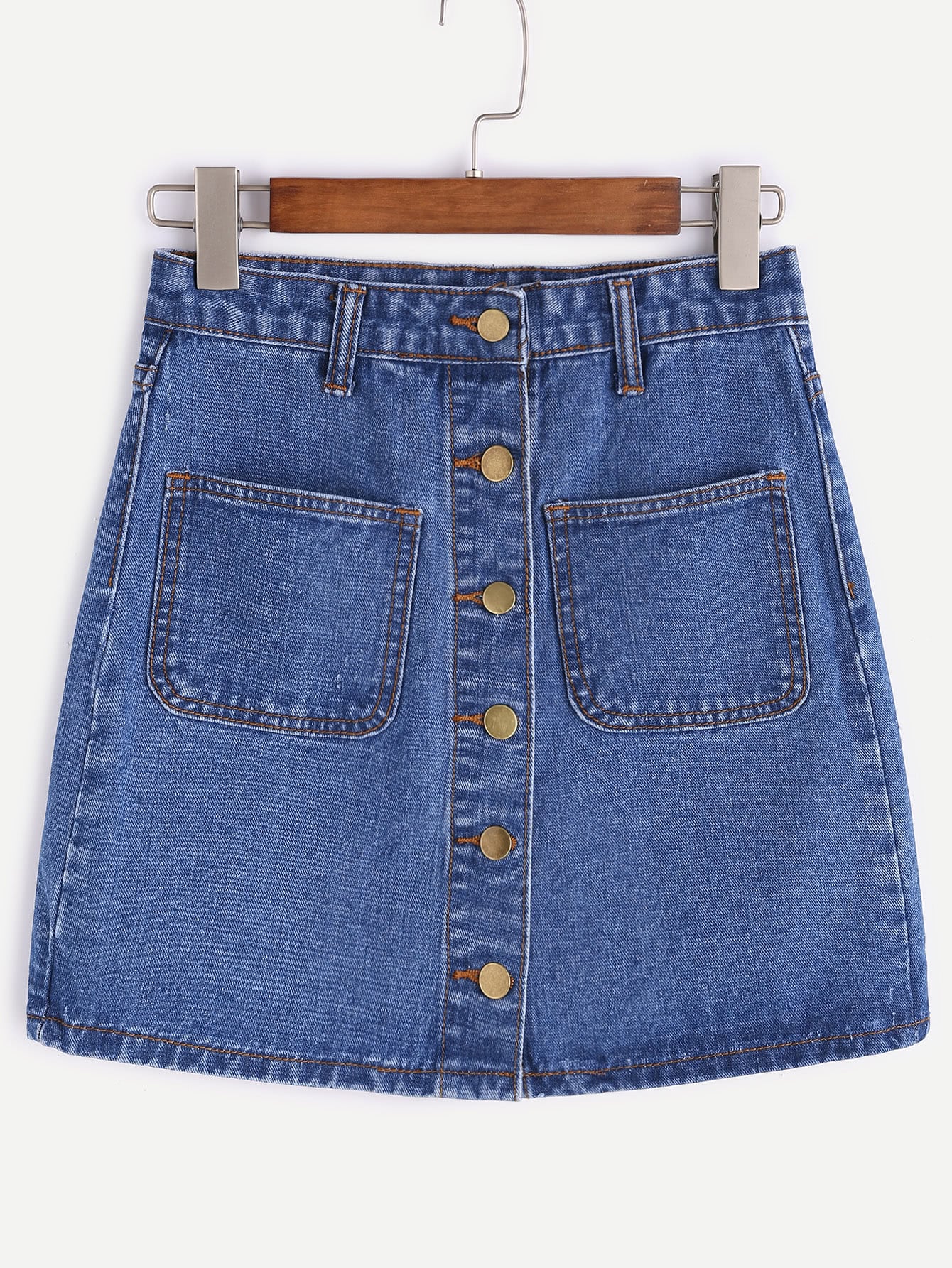 Blue Single Breasted Dual Pockets Denim Skirt