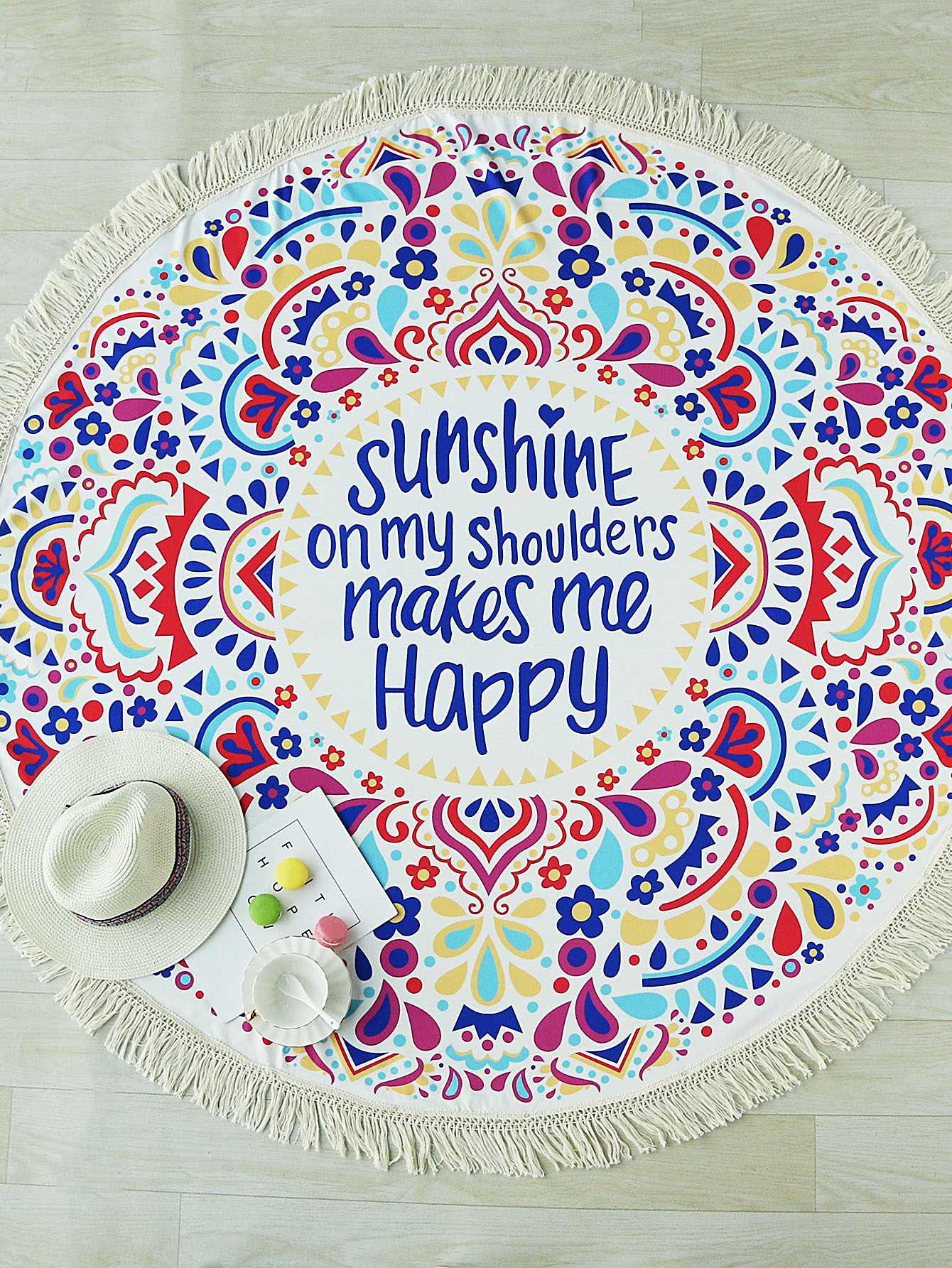 Multicolor Letter Print Fringe Design Round Beach Blanket