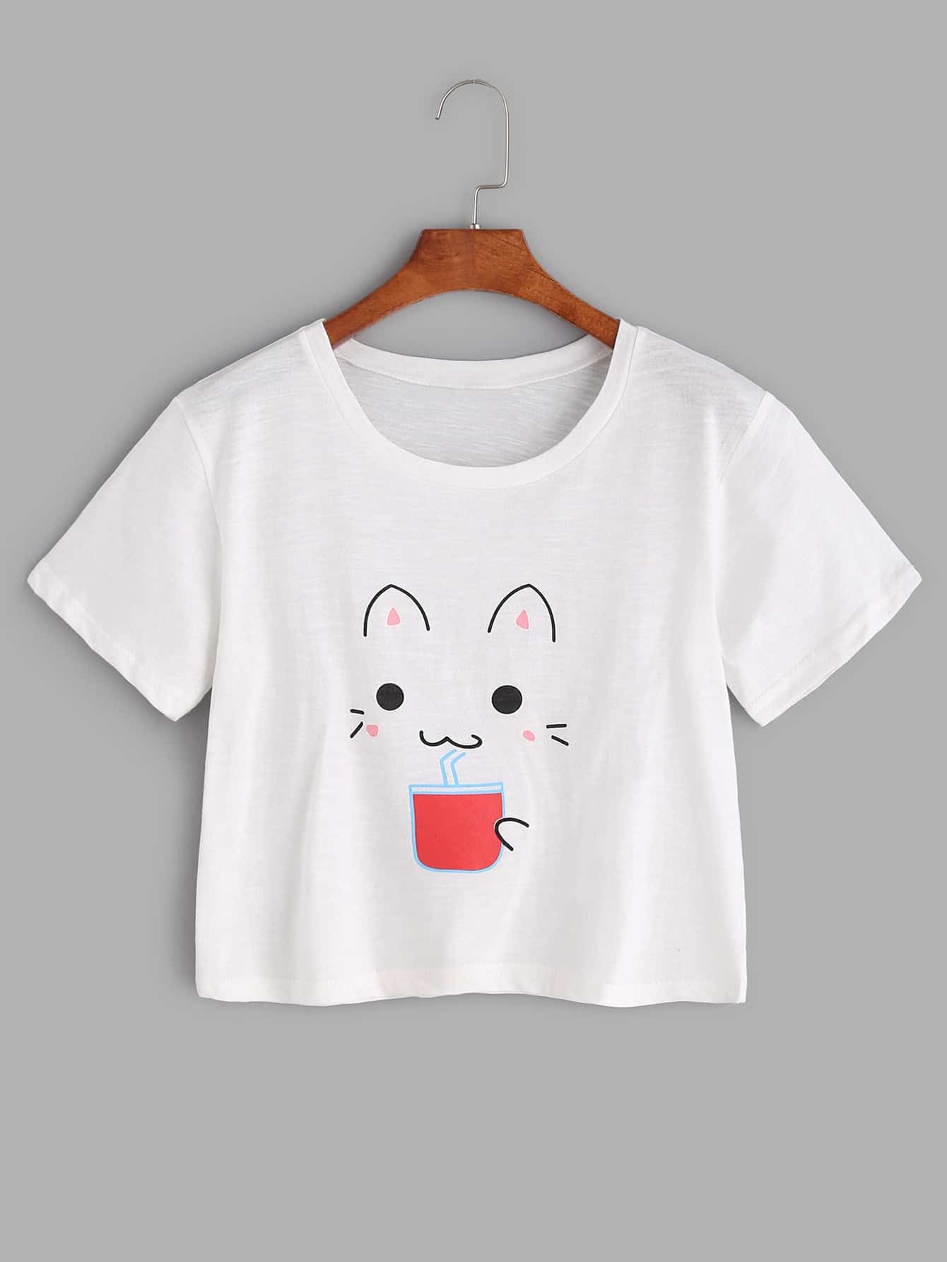 White Cat Print Crop TshirtFor Womenromwe
