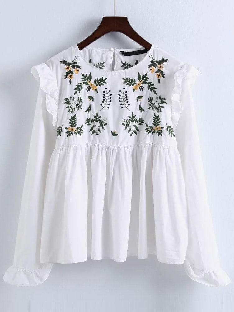 White Embroidery Ruffle Trim Pleated BlouseFor Womenromwe