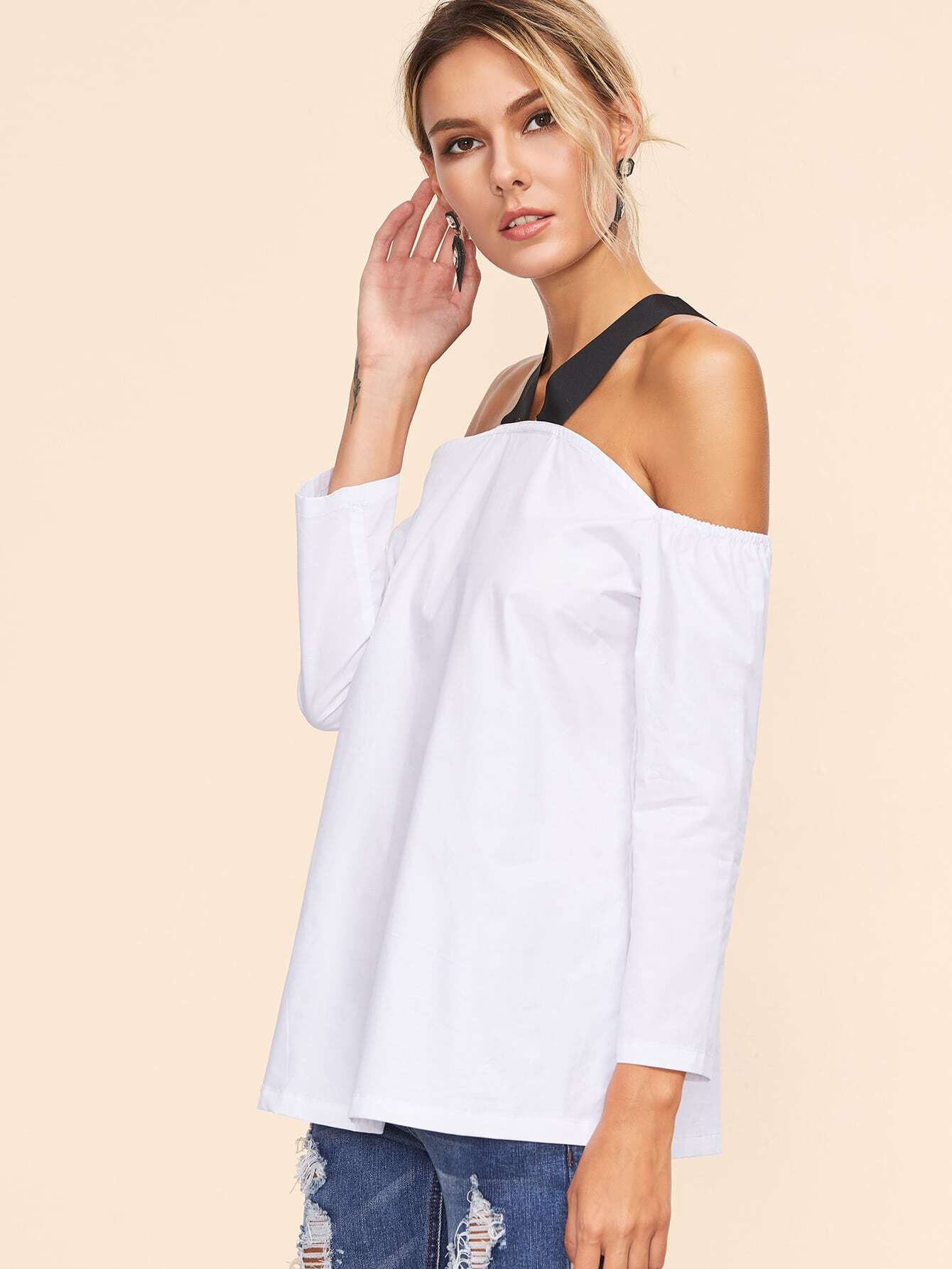 White Contrast Strap Cold Shoulder Topfor Women Romwe