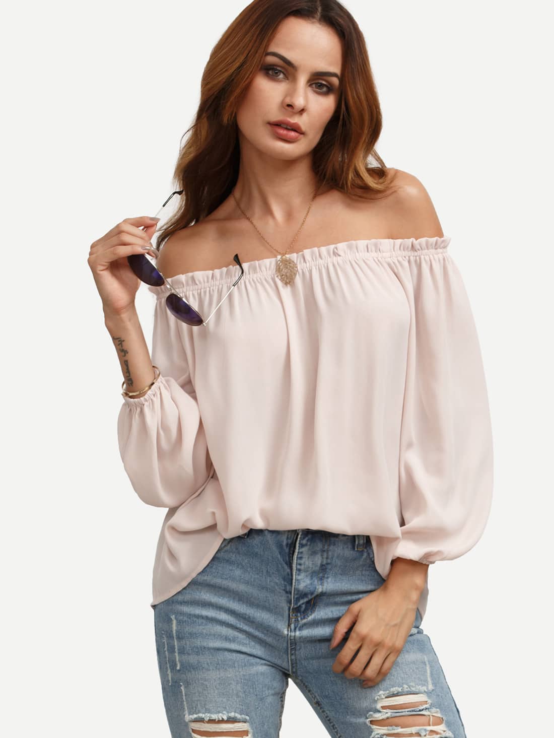 Pink Off The Shoulder Long Sleeve Blouse