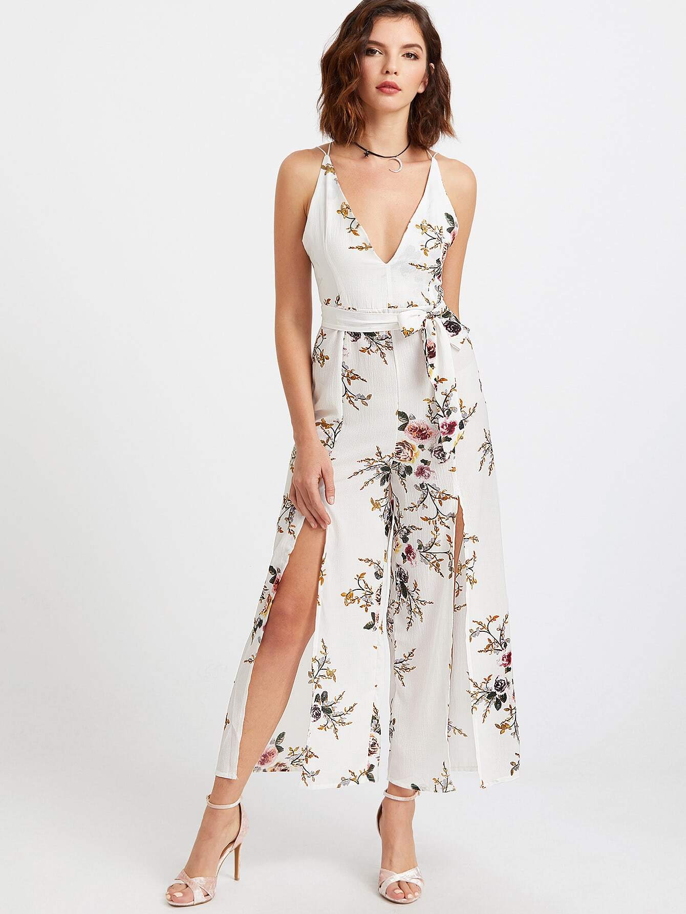 Floral Print Deep V Neck Self Tie Split Jumpsuit