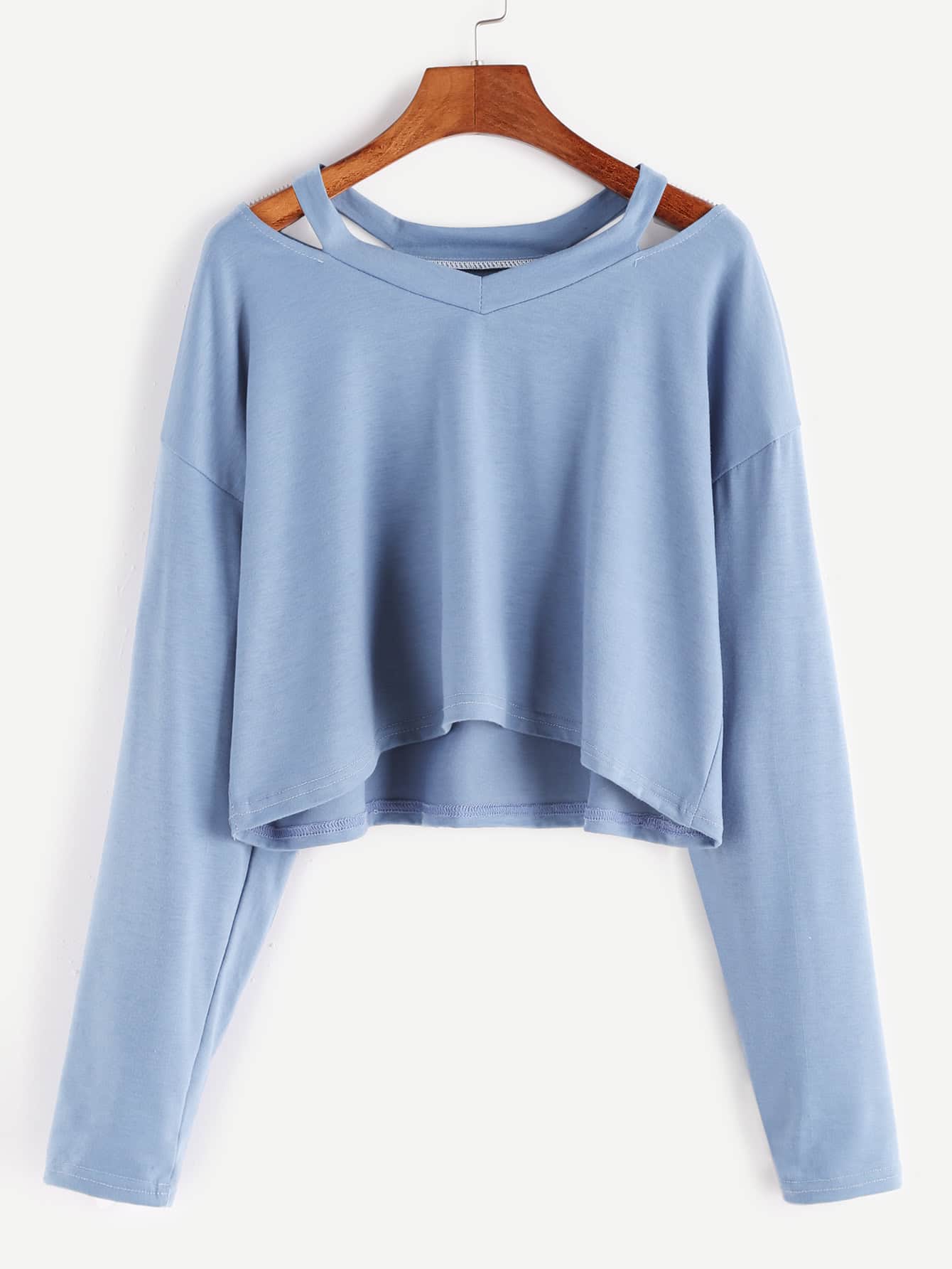 Blue Cut Out Neck Crop T-shirt