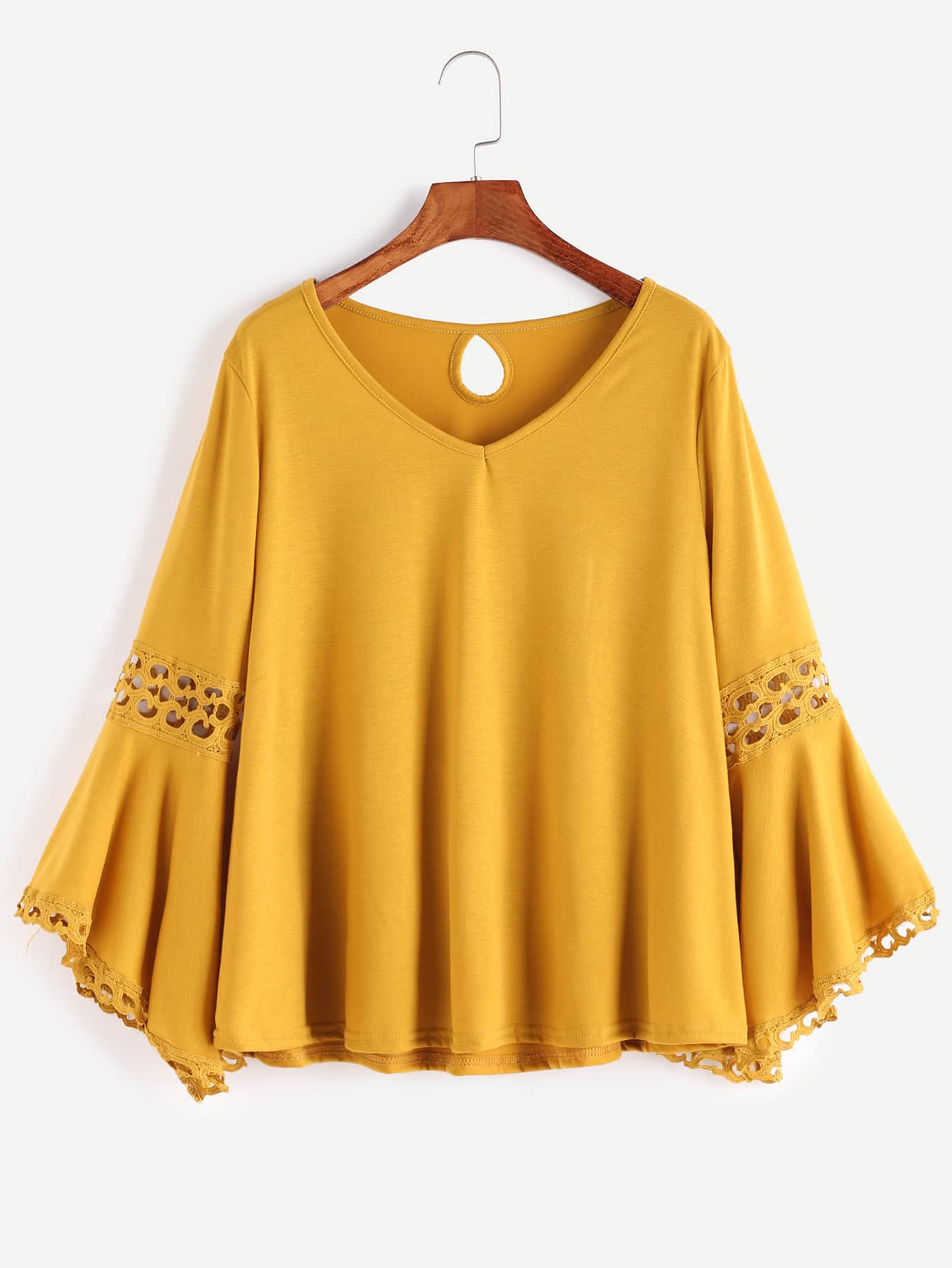 Yellow V Neck Contrast Crochet Keyhole Back T-shirt