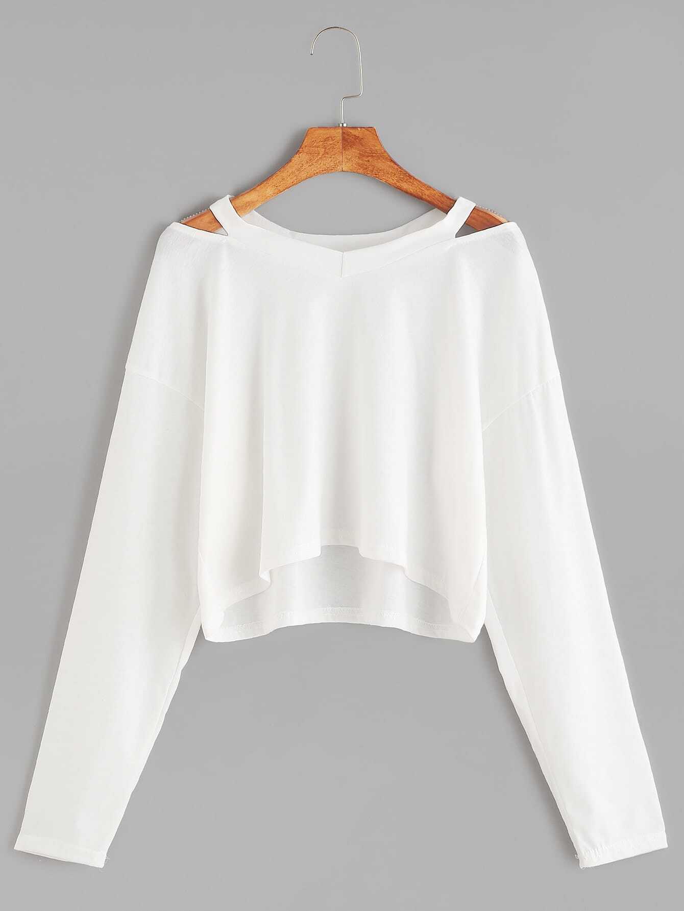 White Cut Out Neck Crop T-shirt