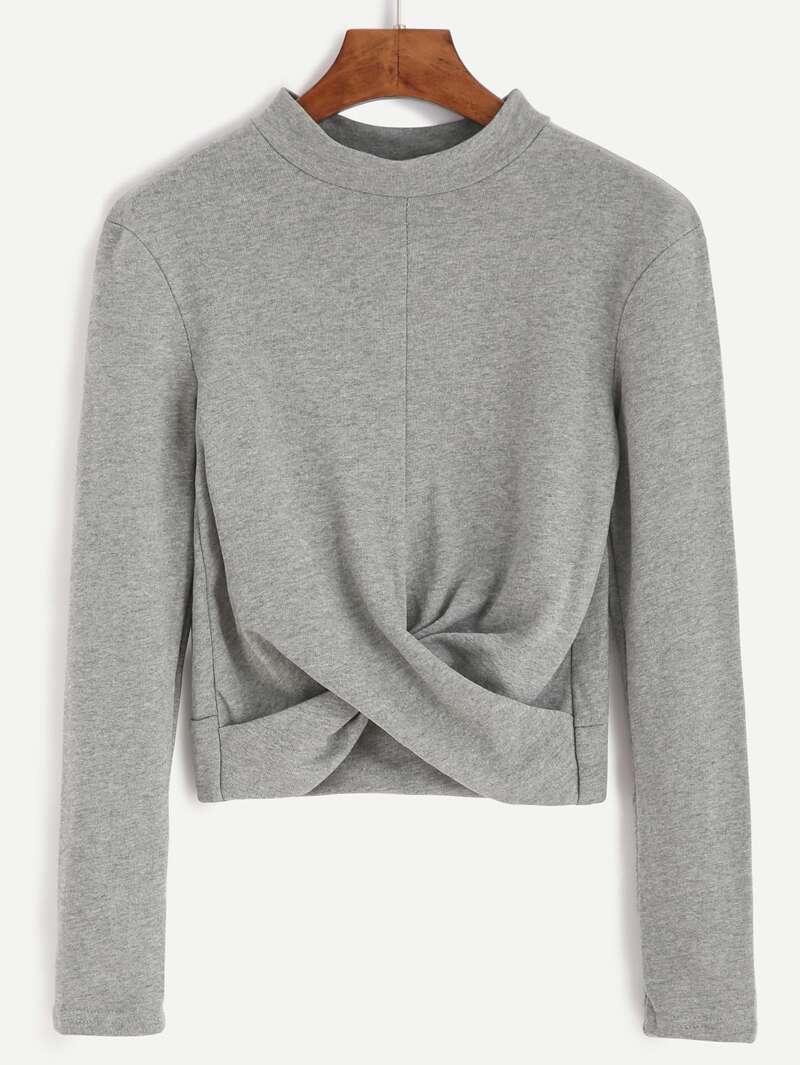 Mock Front Crop Long Twist Sleeve Crop shirt Grey Neck Sleeve T ftCqnxBxwd