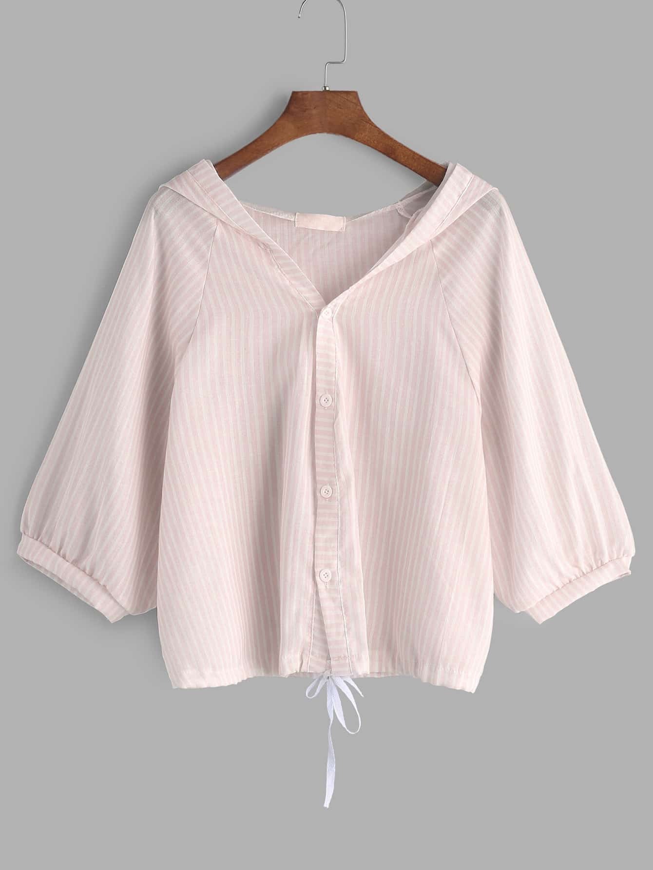 Pink Hooded Striped Drawstring Hem Blouse