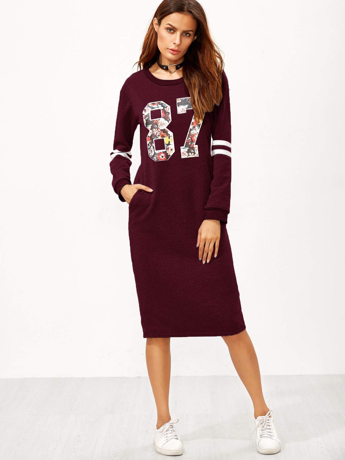 Burgundy Varsity Print Slit Back Zipper Sweatshirt Dress