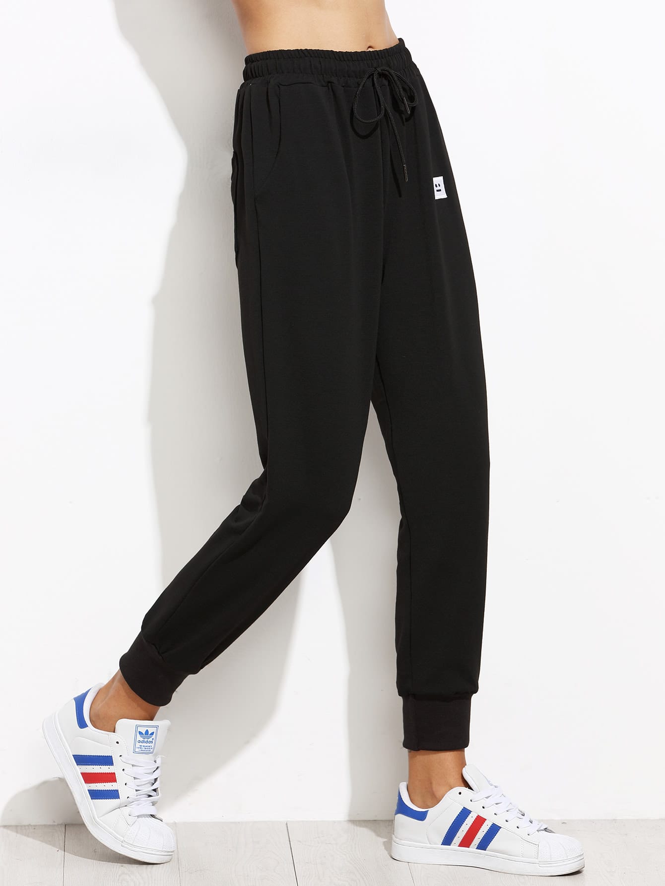 Black Drawstring Patch Peg Pants