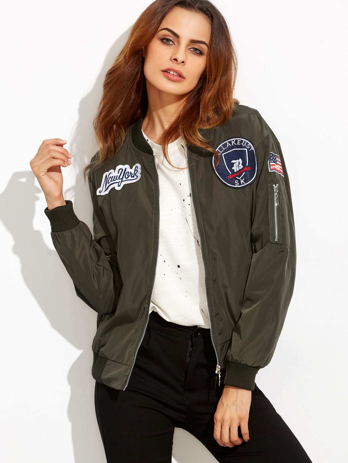 Army Green Embroidered Patch Zipper Bomber Jacket