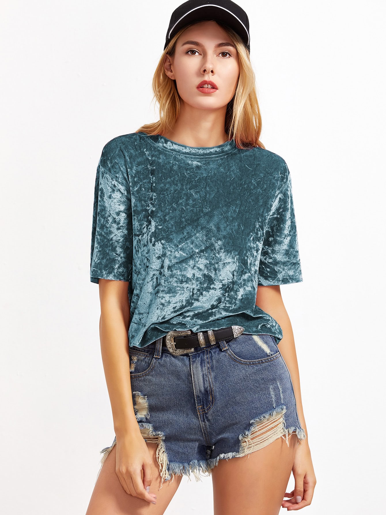 Green Short Sleeve Crushed Velvet T-shirt