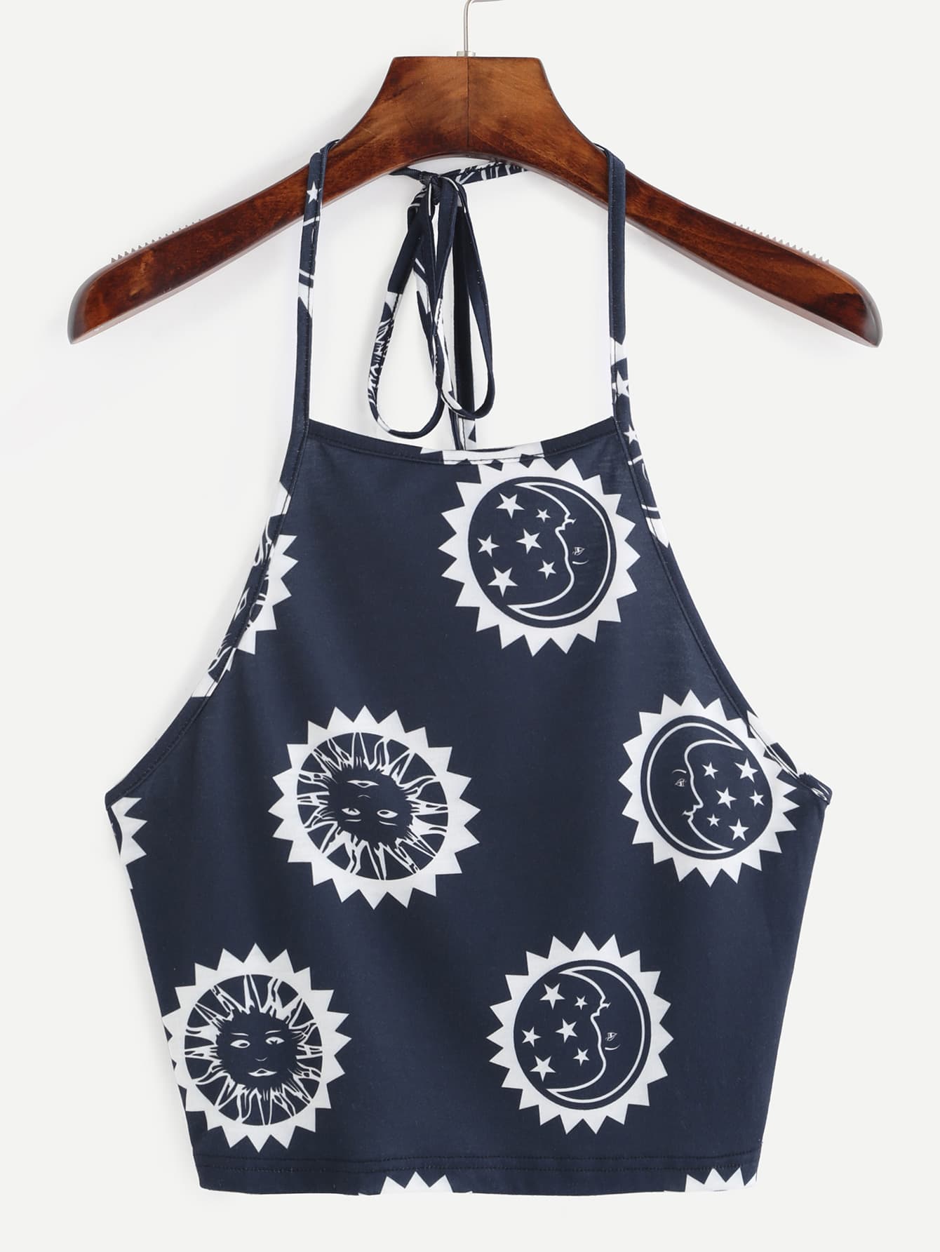 Blue Print Halter Neck Backless Crop Cami Top