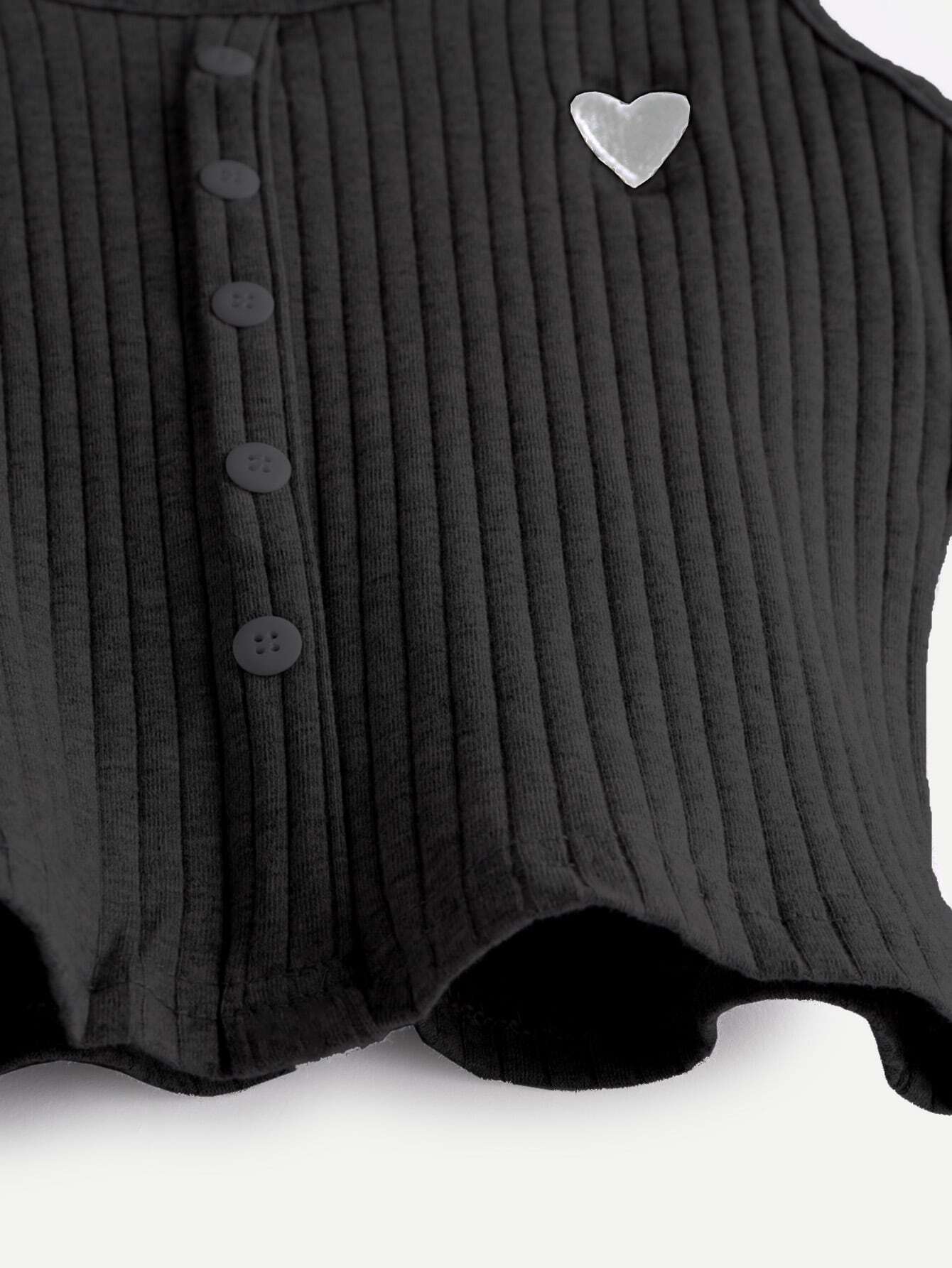 Black Button Front Heart Embroidered Tank TopFor Womenromwe