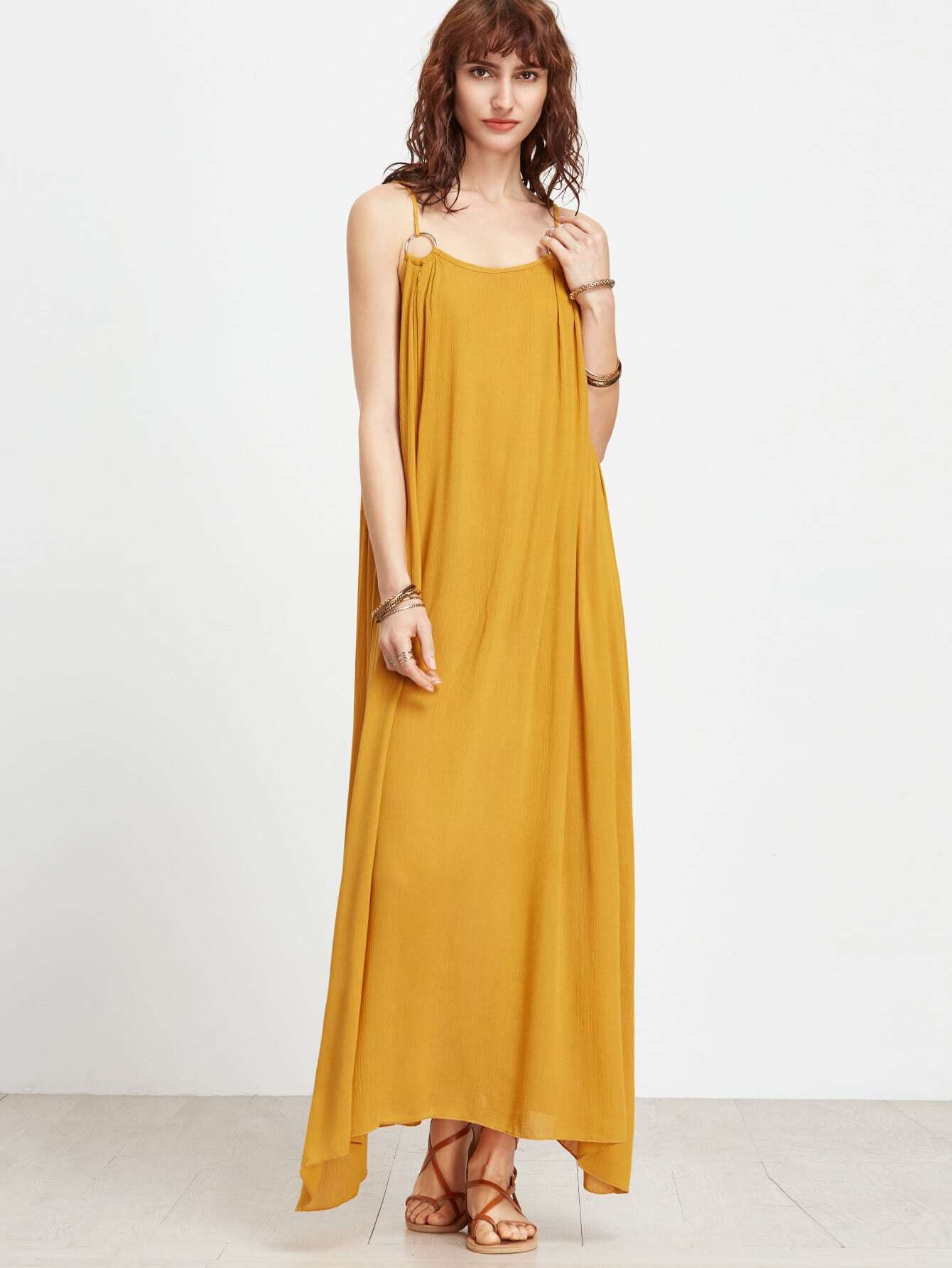 Yellow Spaghetti Strap Maxi Dress With Ring DetailFor Womenromwe