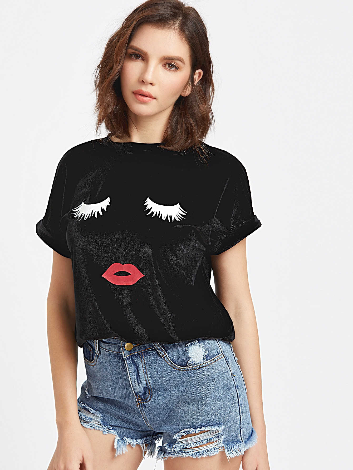 Black Cartoon Face Print Short Sleeve T-shirt