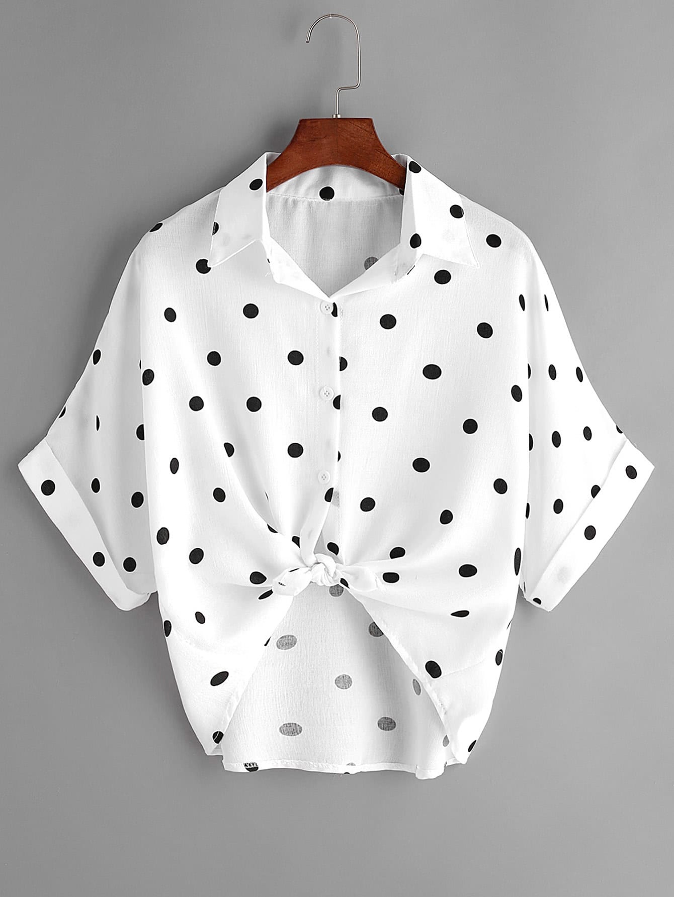 White Polka Dot Knot Front Cuffed Blouse