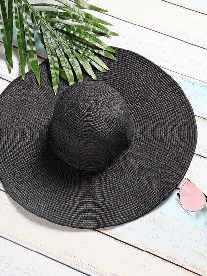 Sombrero de paja con ala ancha de vacaciones - negro