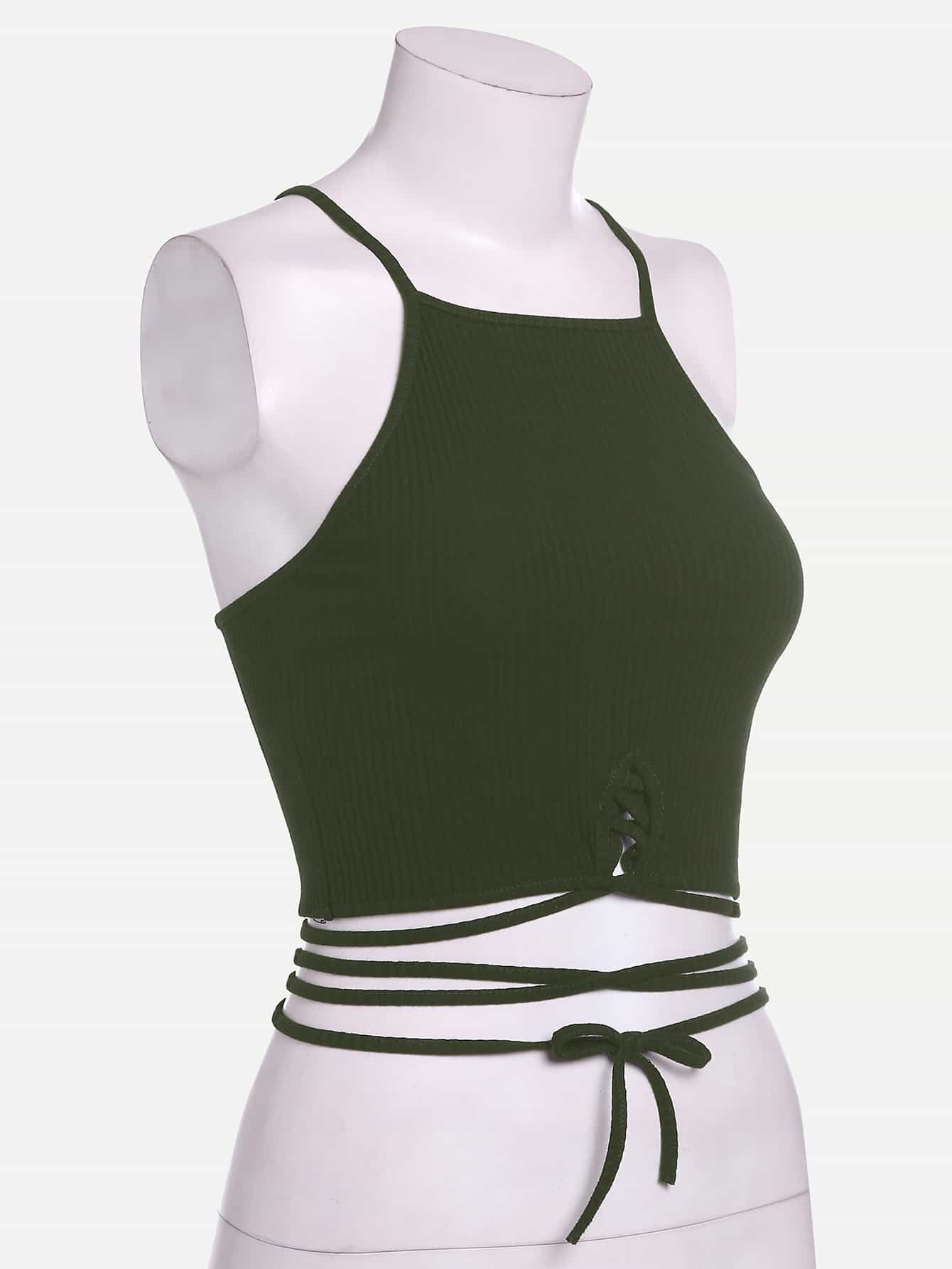 Army Green Lace Up Crop Cami TopFor Women-romwe