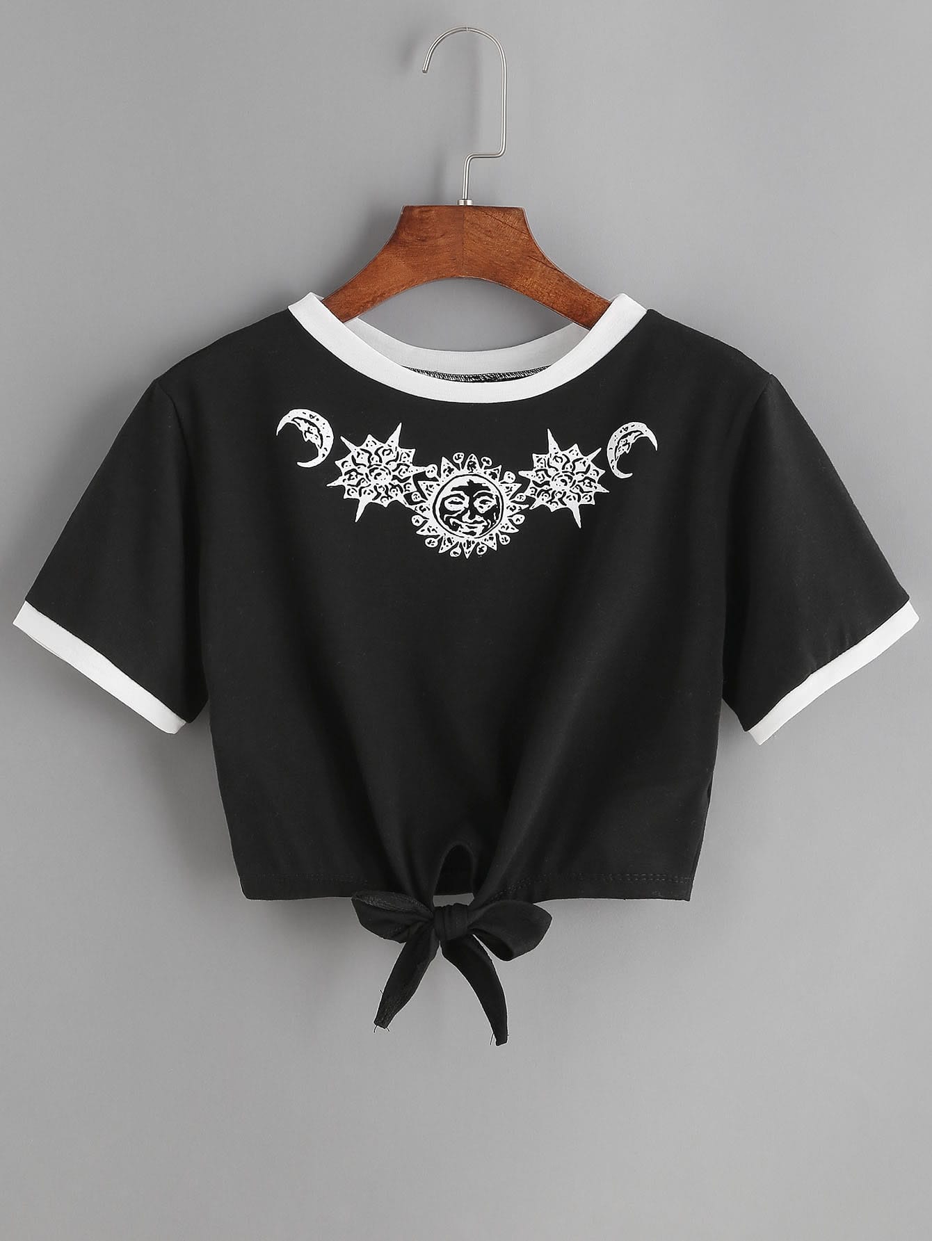 Black Sun Print Contrast Trim Tie Front T-shirt