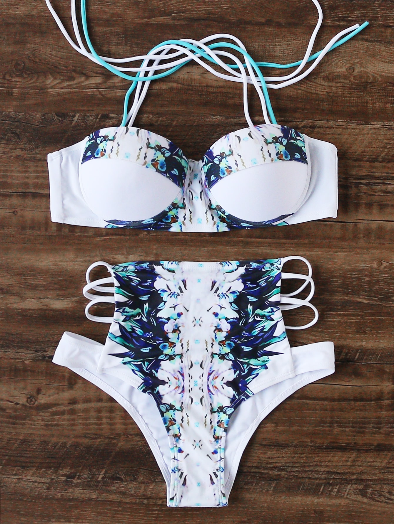 White Flower Print Ladder Cutout High Waist Bikini Set