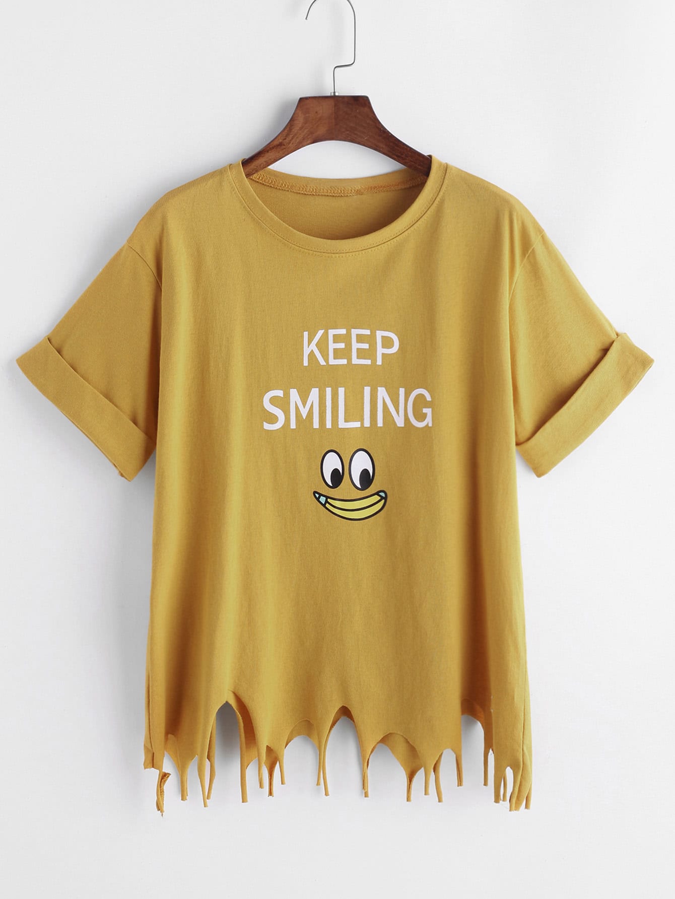 Yellow Cartoon Print Asymmetric Raw Hem Cuffed T-shirt