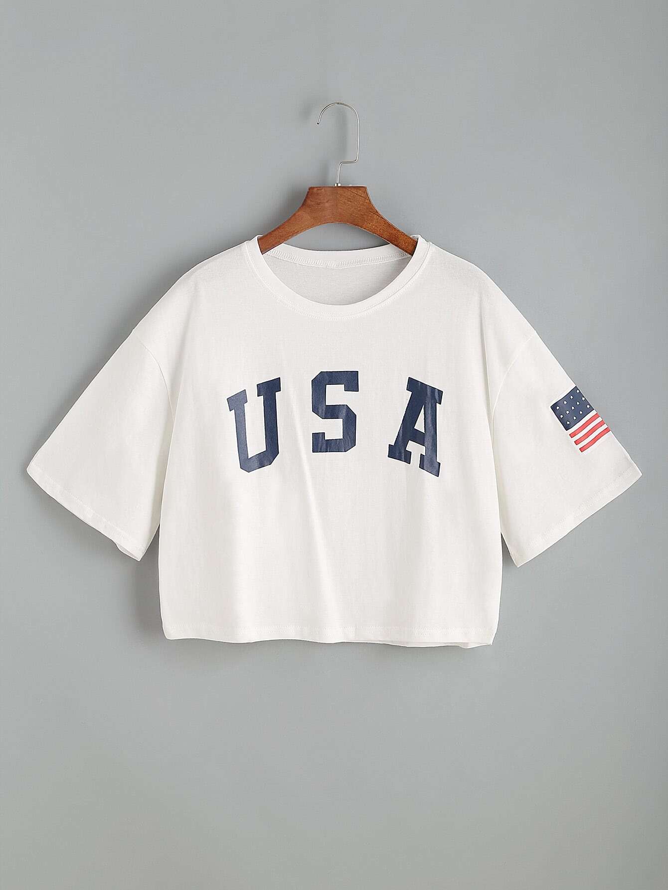 White Letter Print Drop Shoulder Crop T-shirt