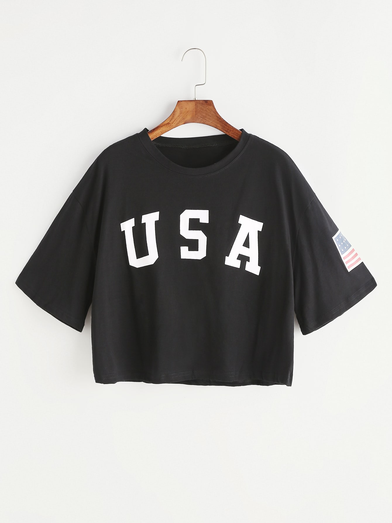 Black Letter Print Drop Shoulder Crop T-shirt