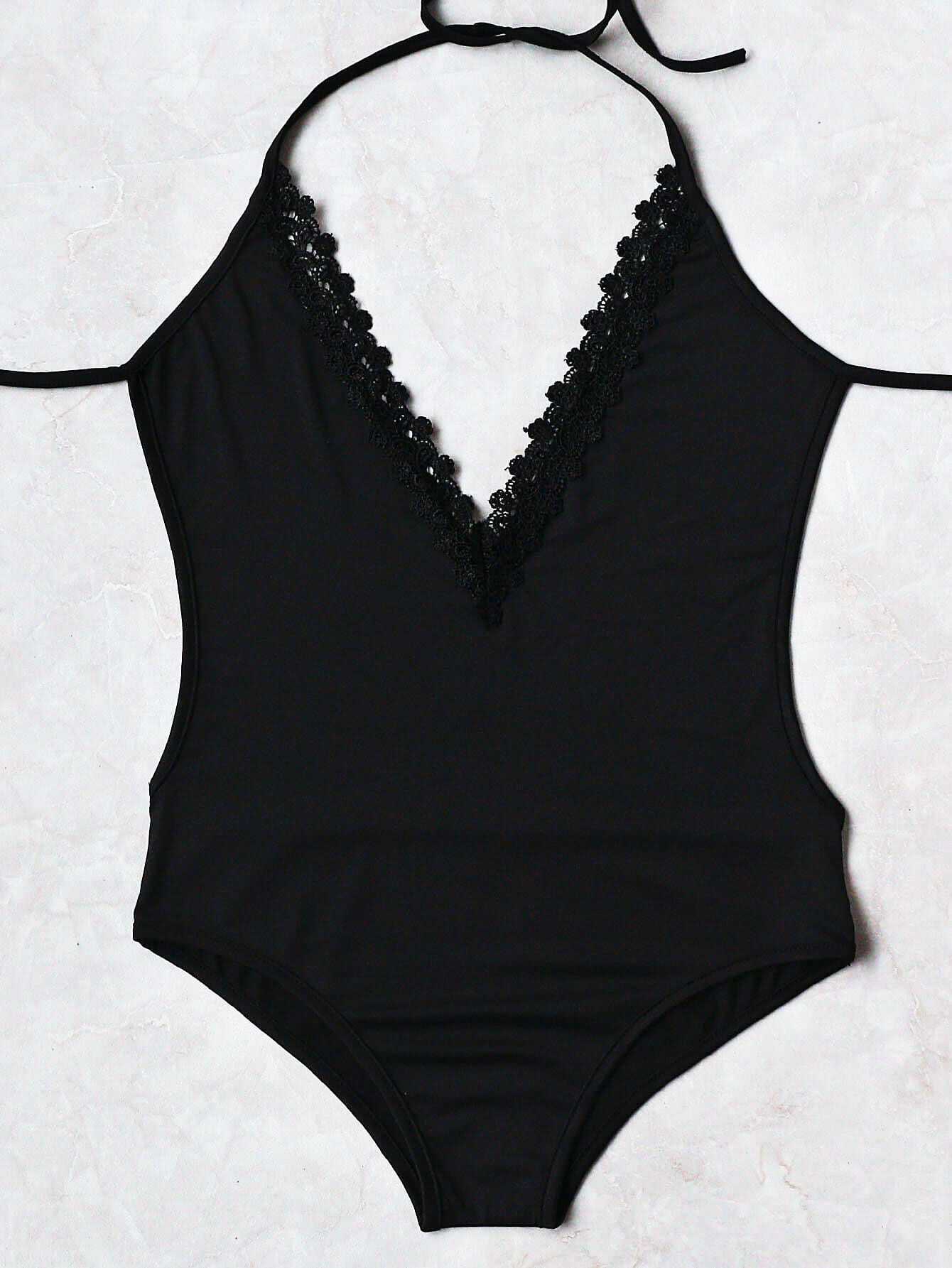 Black Lace Crochet Plunge Neck OnePiece SwimwearFor Womenromwe